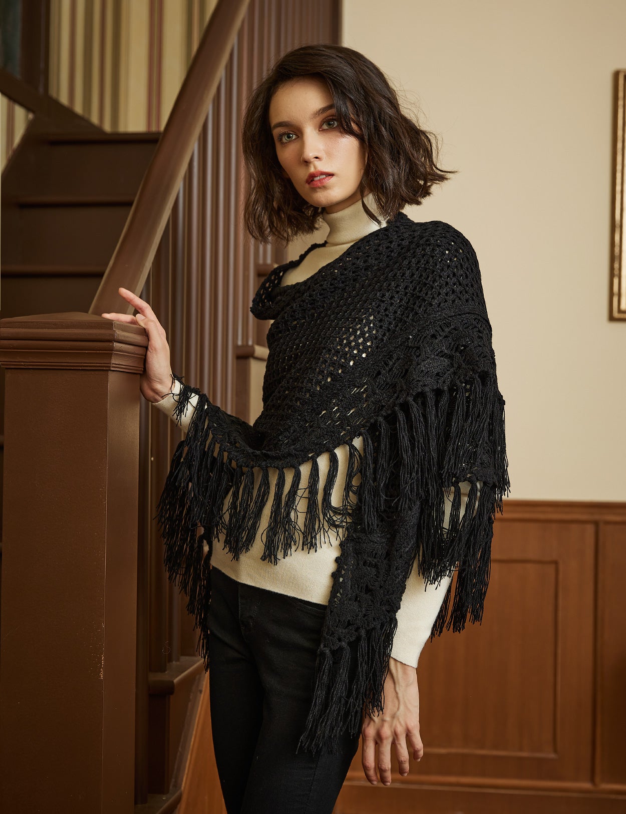 Cozy Wool Blend Shawl with Fringe, Winter Knitted Wrap