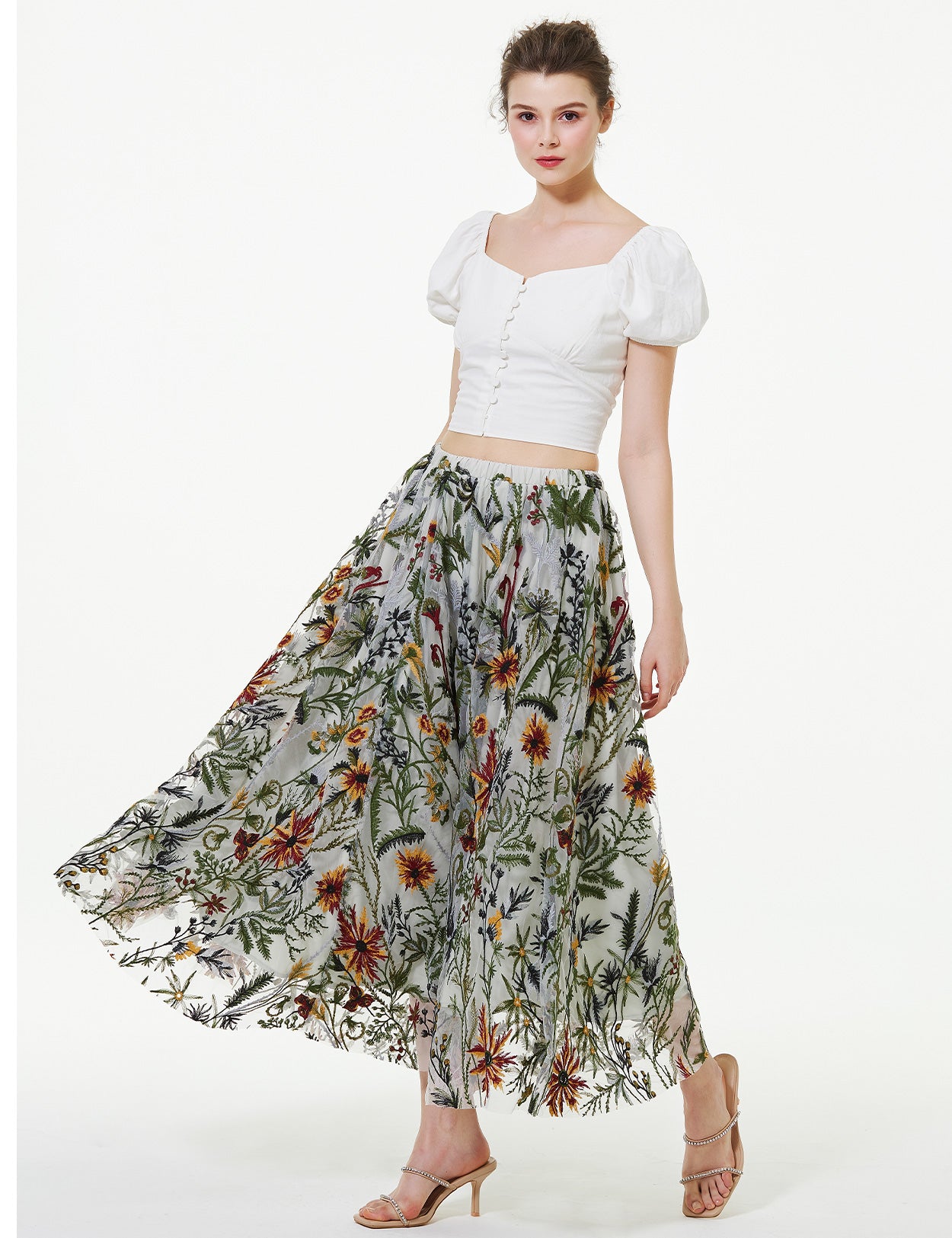 Bestickter Maxirock mit Blumenmuster und Taschen – Tüllrock in A-Linie mit hohem Bund