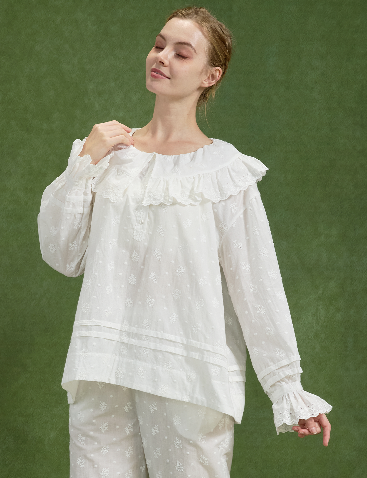Embossed Floral Cotton Top with Ruffle Collar & Flounced Hem