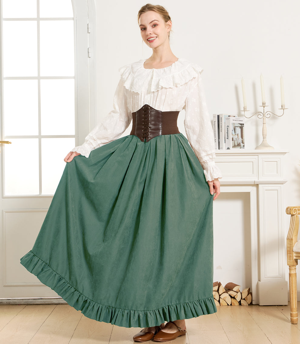 Gothic Victorian Long Skirt for Women, Peach with Ruffle Hem & Pockets