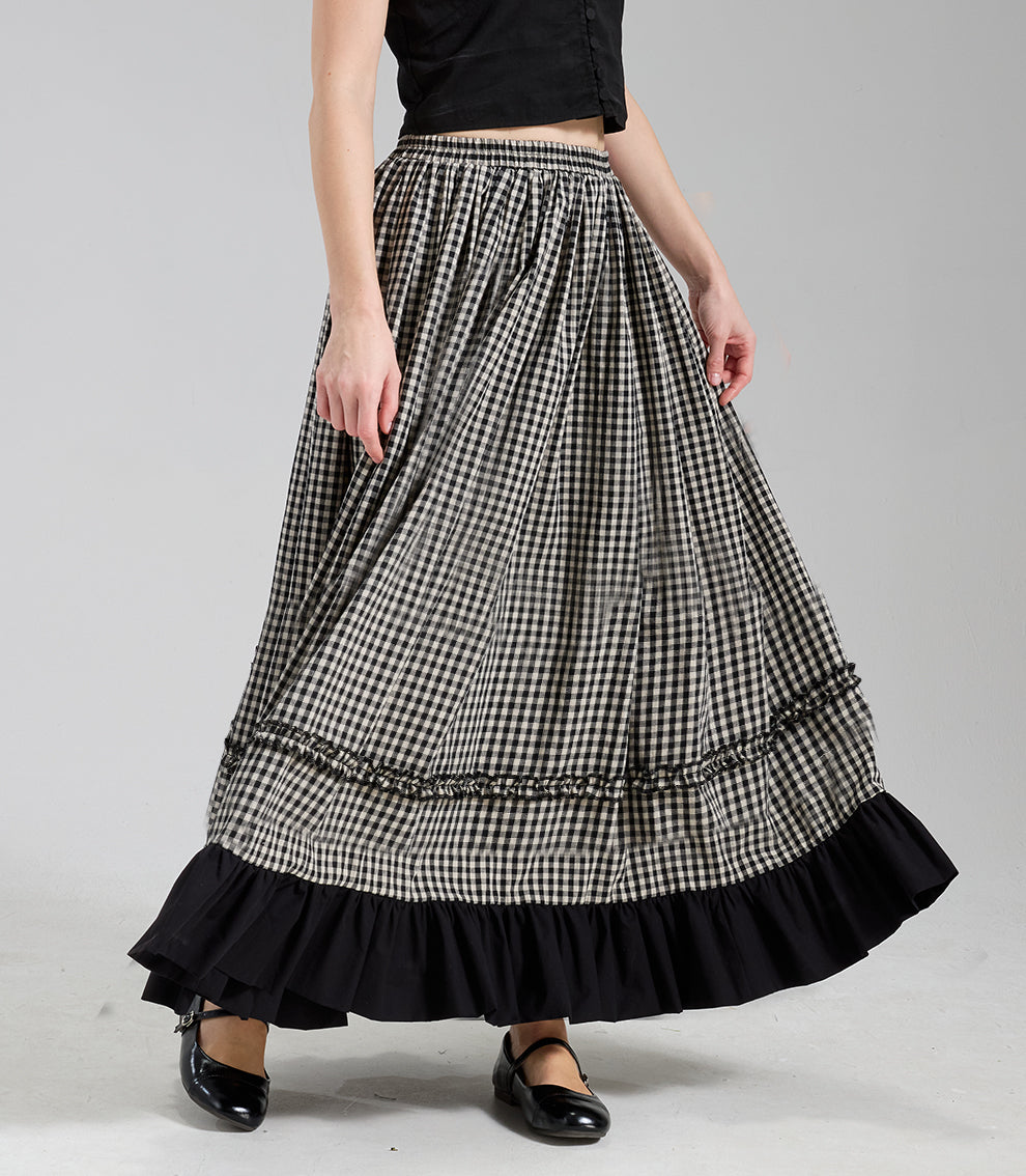 Women's Vintage A-Line Ruffle Skirt Black White Gingham 100% Cotton