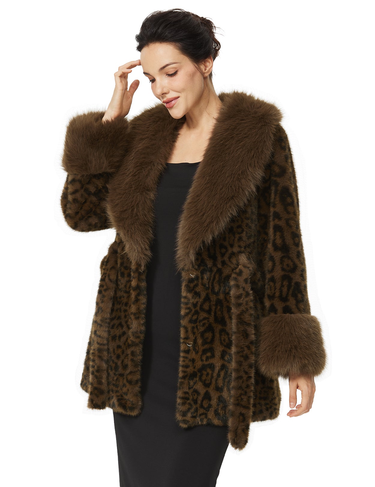 Women's Plush Faux Fur Leopard Print Coat with Belt