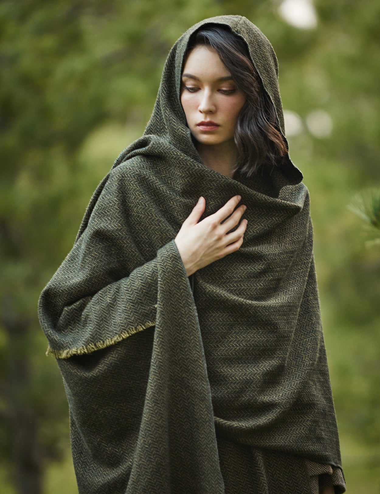 Women's Vintage Open Front Hooded Wool Poncho Cloak