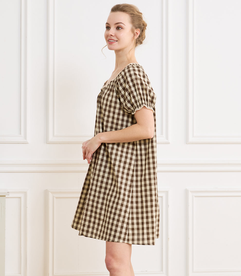 Women's Gingham Cotton Puff Sleeve Midi House Dress with Pockets