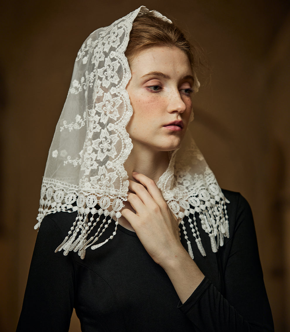Ivory Chapel Veil with Floral Embroidery and Long Tassels