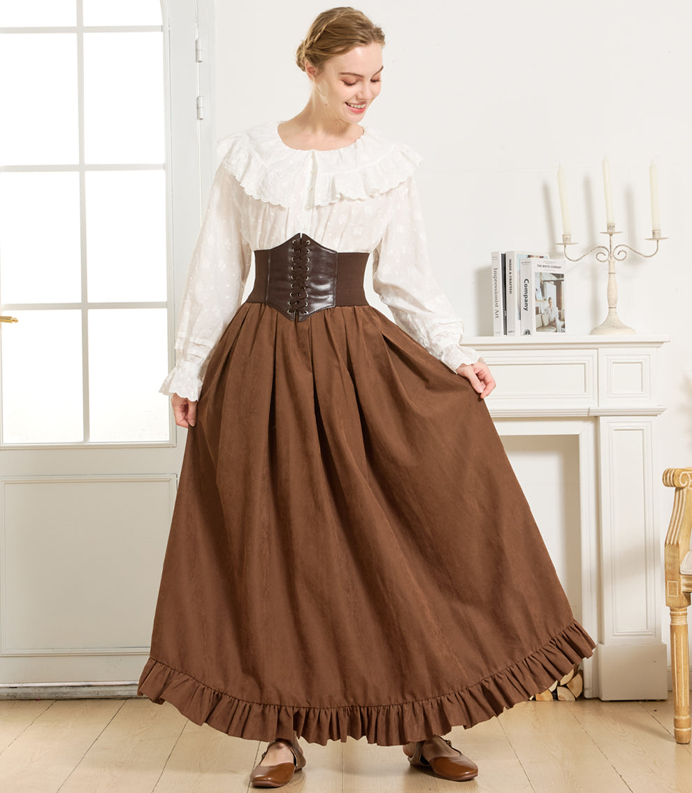 Gothic Victorian Long Skirt for Women, Peach with Ruffle Hem & Pockets