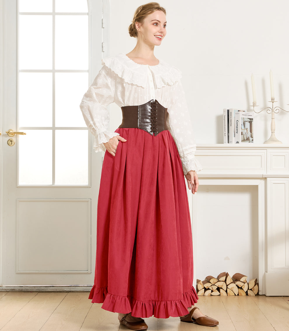 Gothic Victorian Long Skirt for Women, Peach with Ruffle Hem & Pockets