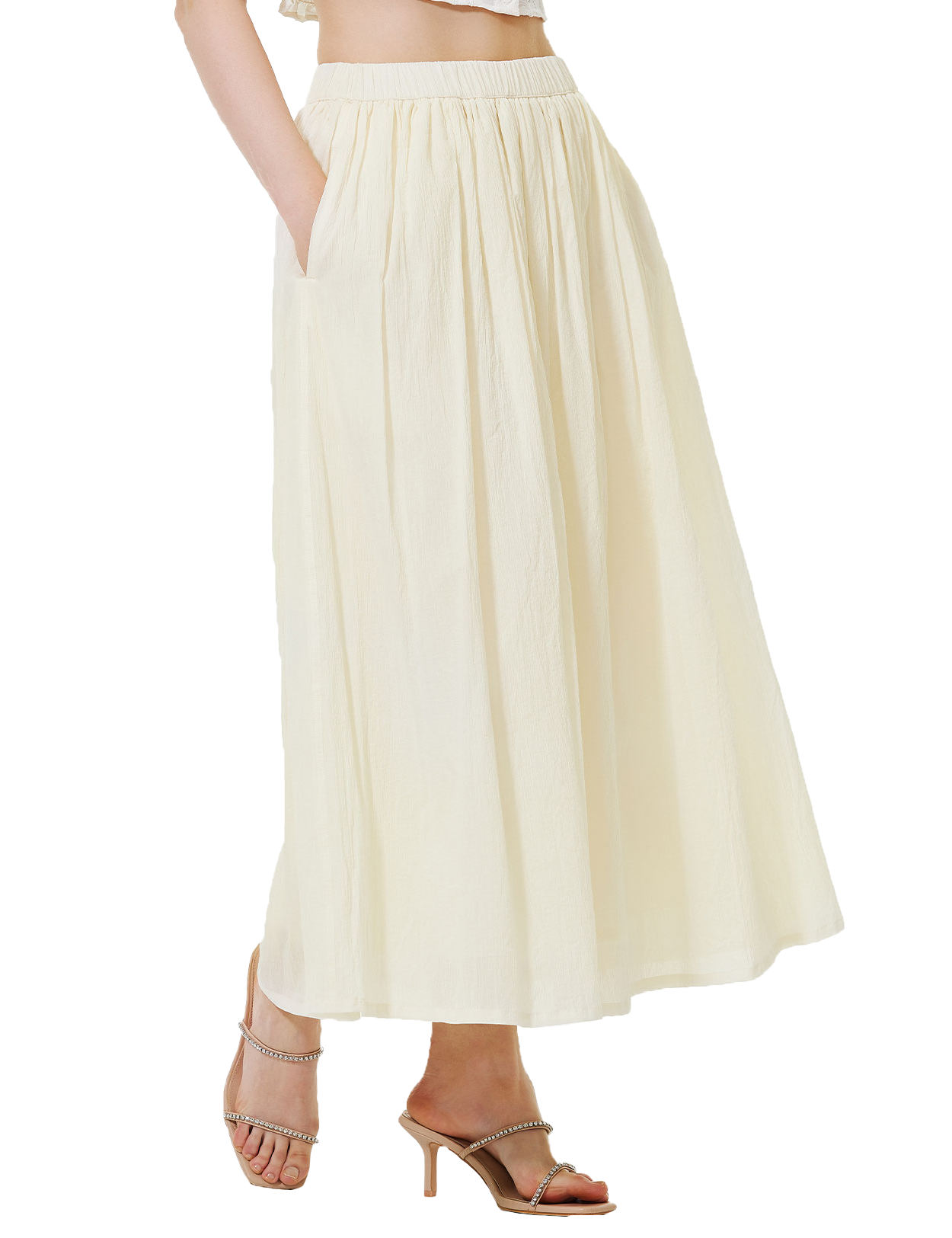 Cotton Maxi Skirt with Pockets & Elastic Waistband - White or Beige