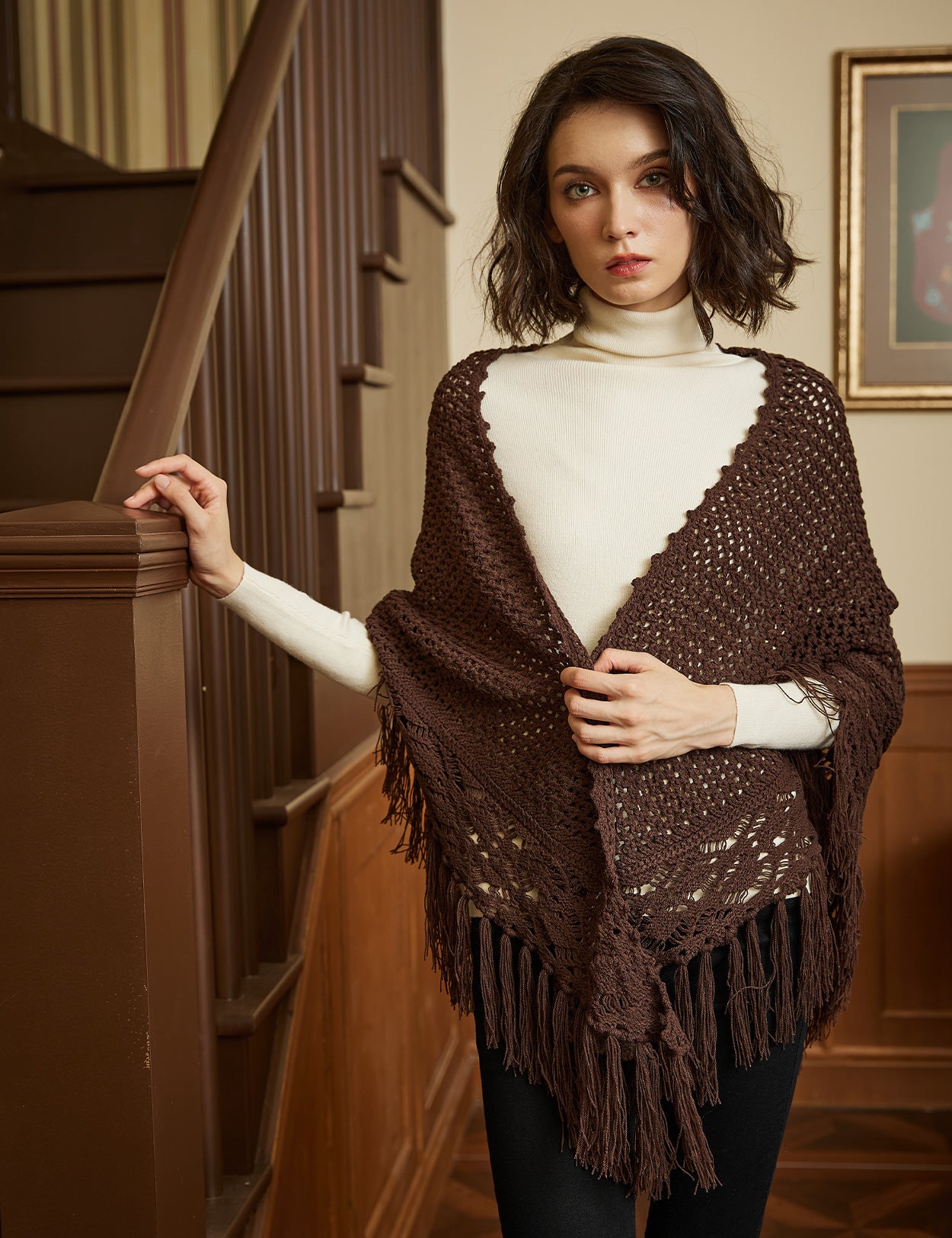 Cozy Wool Blend Shawl with Fringe, Winter Knitted Wrap