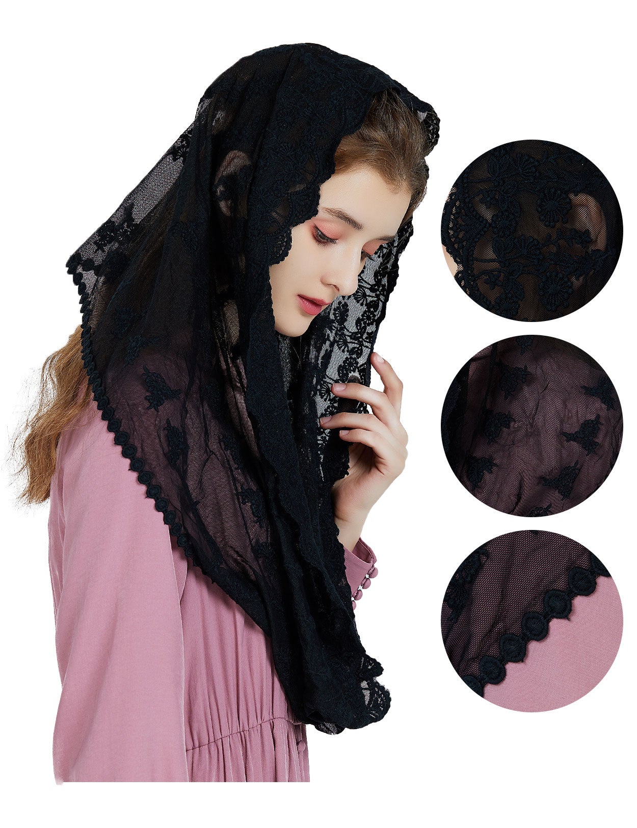 Voile Mantilla En Dentelle Triangle - 147 Cm, 5 Couleurs - Châle, Écharpe, Couverture De Tête Pour Messe Ou Mariage - 3