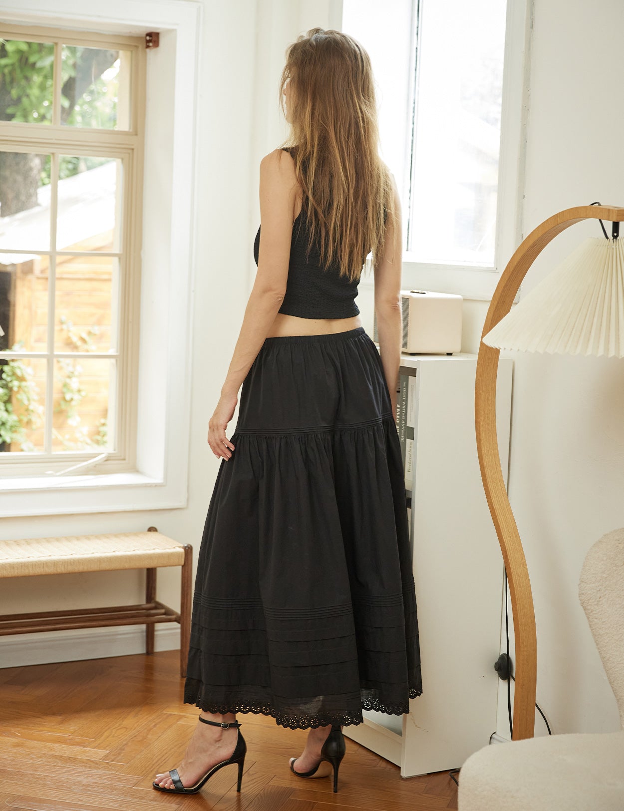 Black Edwardian Long A-Line Lace Trim Pintuck Tier Skirt 100% Cotton