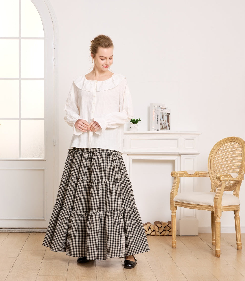 Vintage Plaid 100% Cotton Maxi Skirt with Pockets