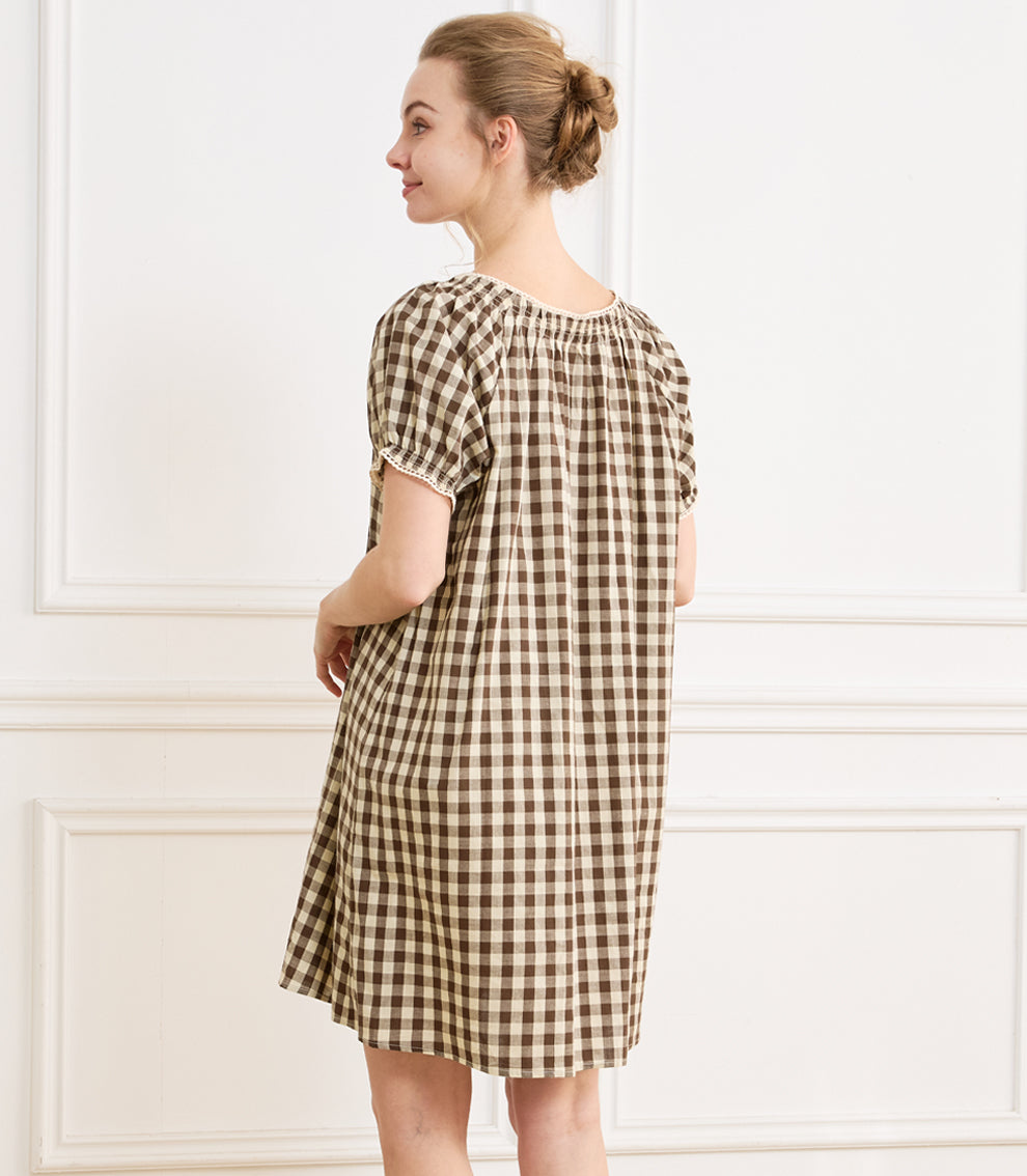 Women's Gingham Cotton Puff Sleeve Midi House Dress with Pockets