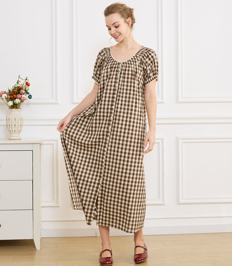 Women's Gingham Cotton Puff Sleeve Midi House Dress with Pockets