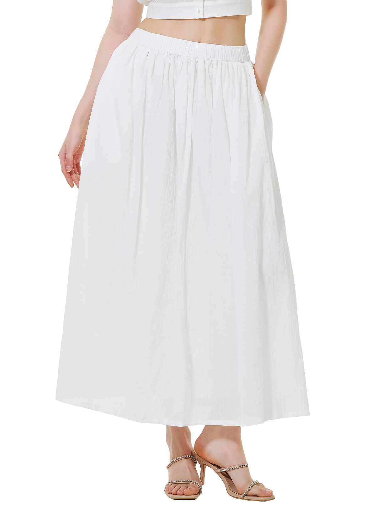 Cotton Maxi Skirt with Pockets & Elastic Waistband - White or Beige