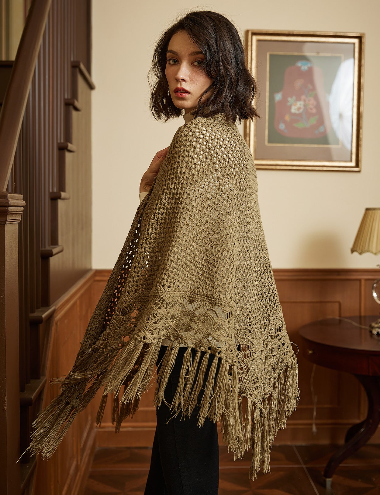 Cozy Wool Blend Shawl with Fringe, Winter Knitted Wrap
