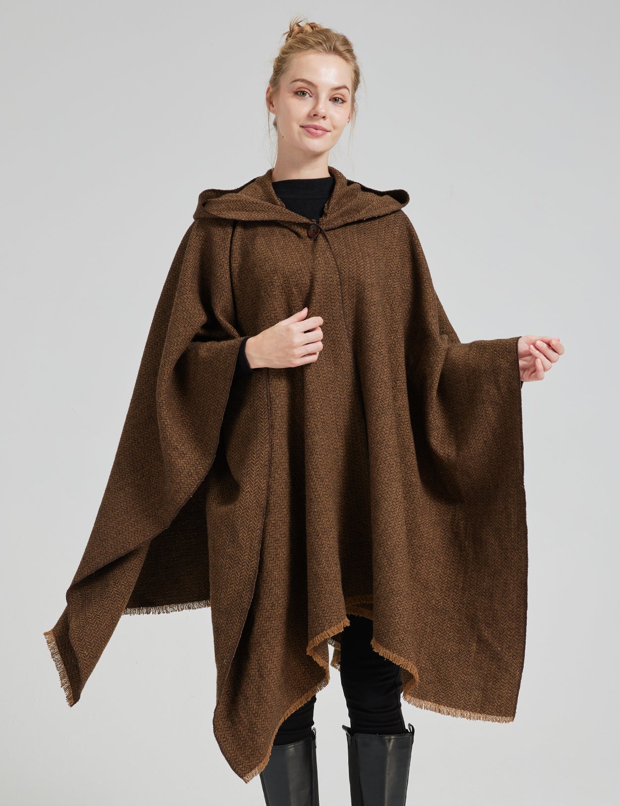 Women's Vintage Open Front Hooded Wool Poncho Cloak