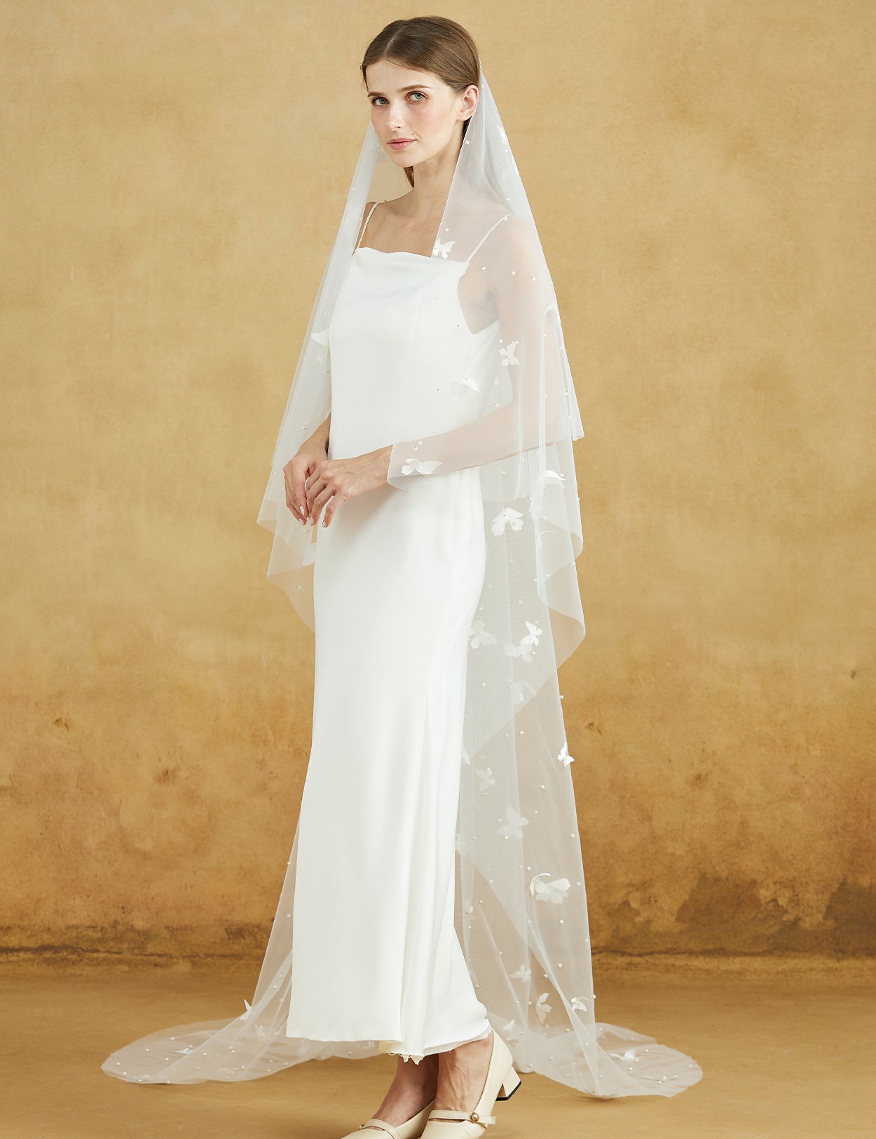 Elegant Cathedral Wedding Veil with Pearl Blusher & Butterfly Details