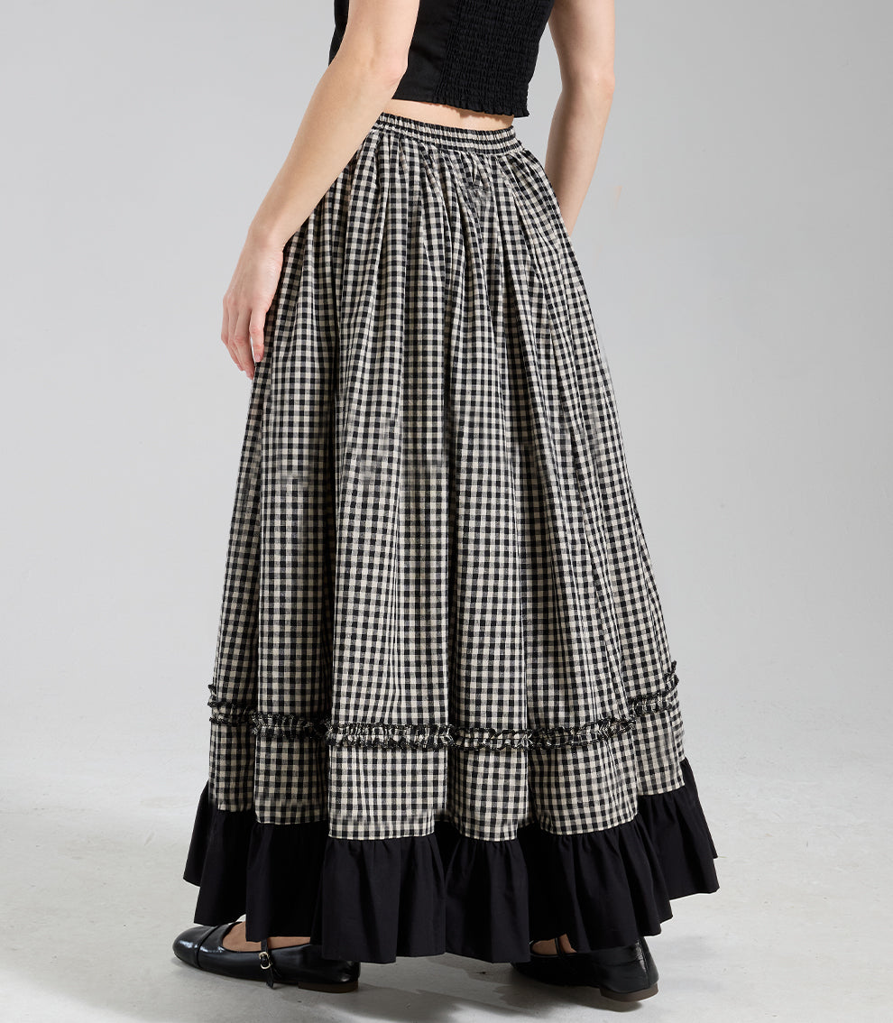 Women's Vintage A-Line Ruffle Skirt Black White Gingham 100% Cotton