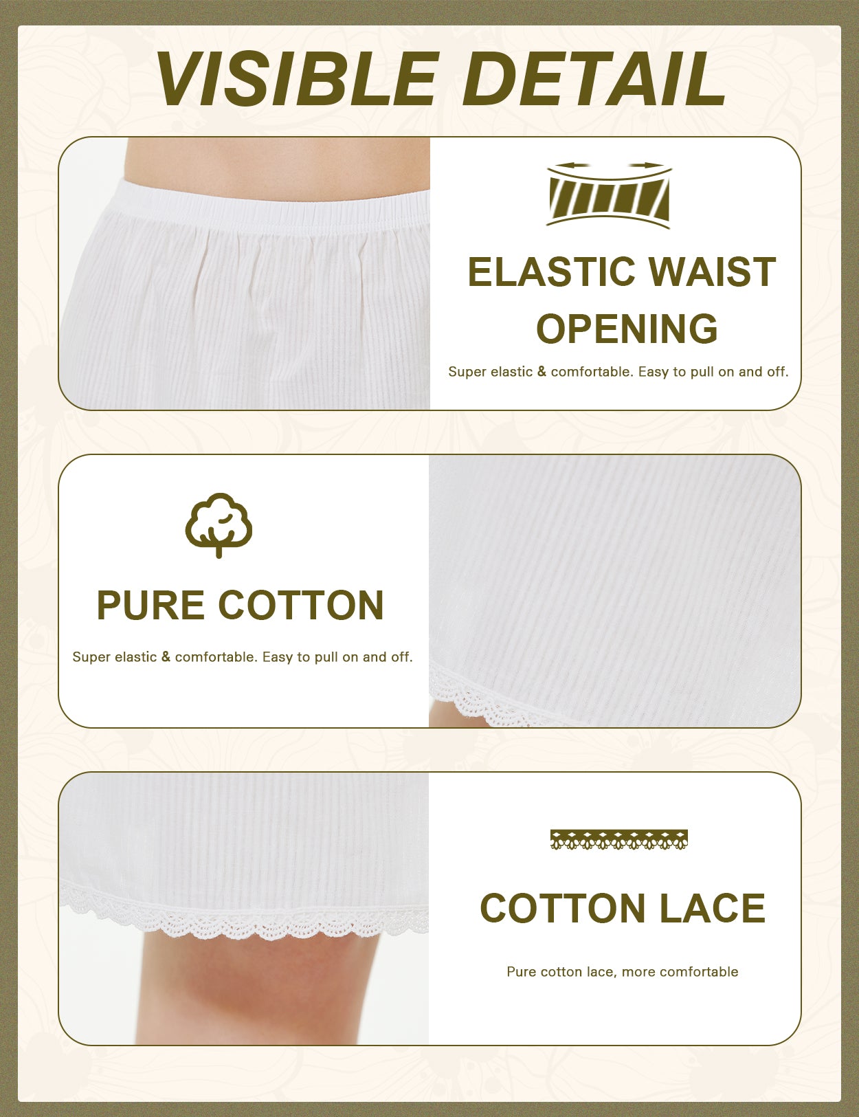 Women's 100% Cotton Half Slip with Lace Trim & Elastic Waist (White)