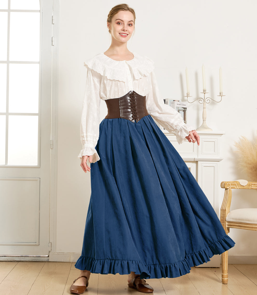 Gothic Victorian Long Skirt for Women, Peach with Ruffle Hem & Pockets