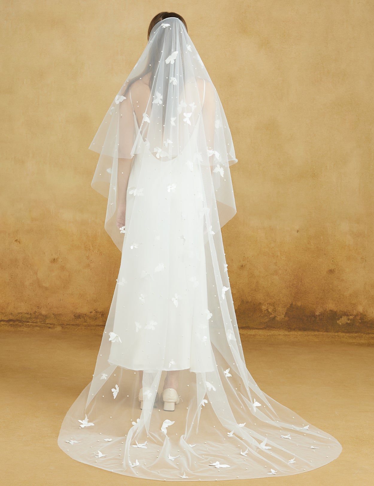 Elegant Cathedral Wedding Veil with Pearl Blusher & Butterfly Details
