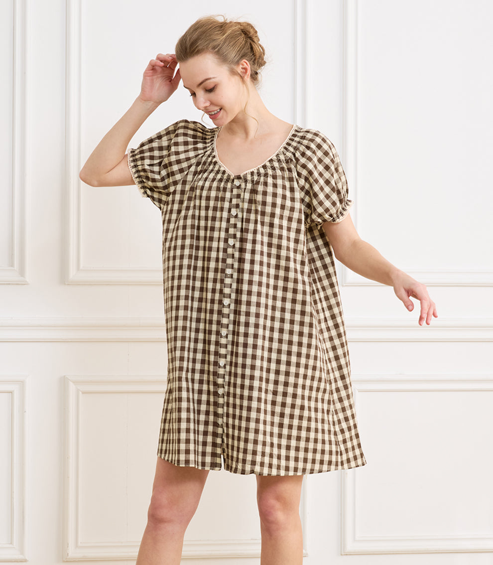 Women's Gingham Cotton Puff Sleeve Midi House Dress with Pockets