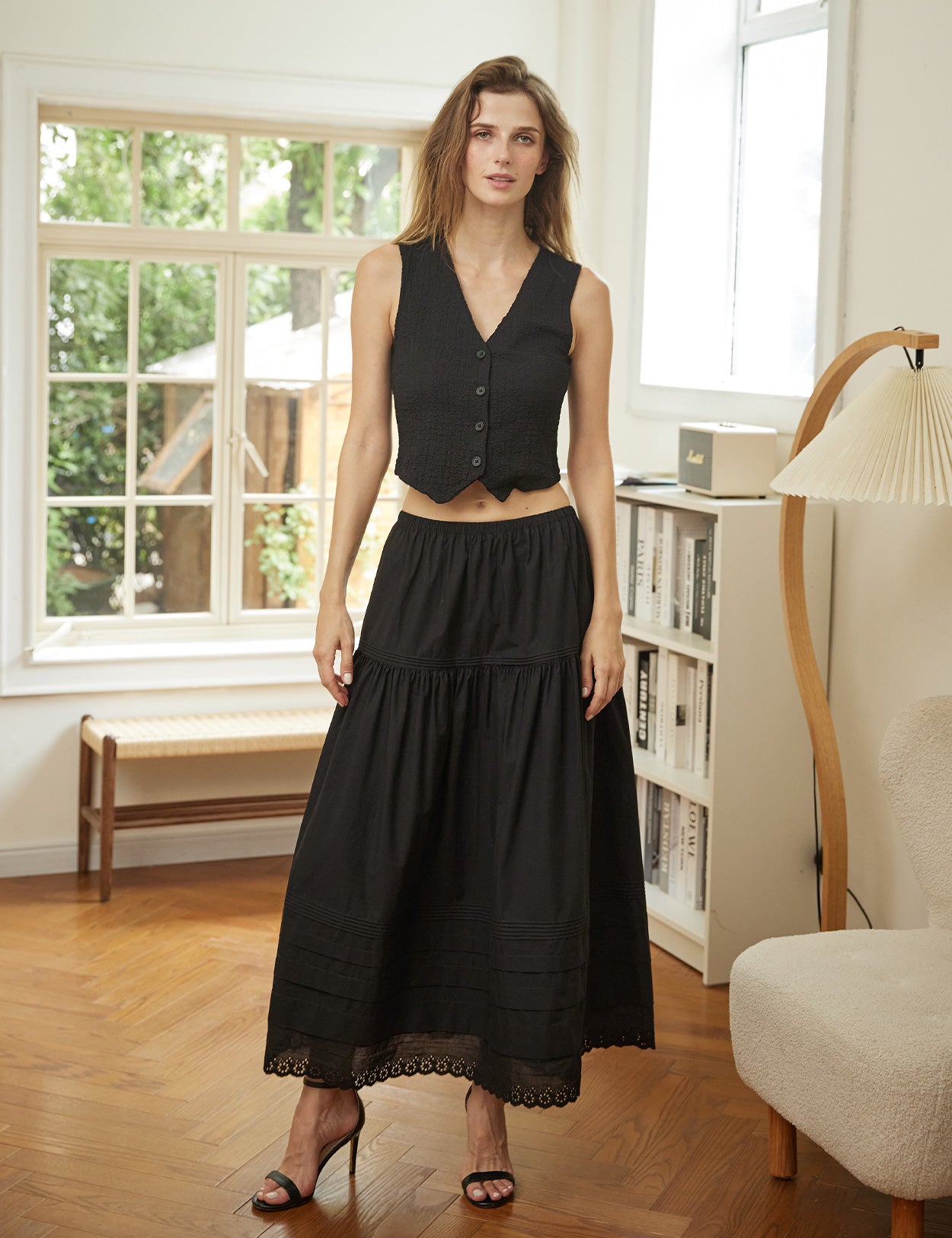 Black Edwardian Long A-Line Lace Trim Pintuck Tier Skirt 100% Cotton