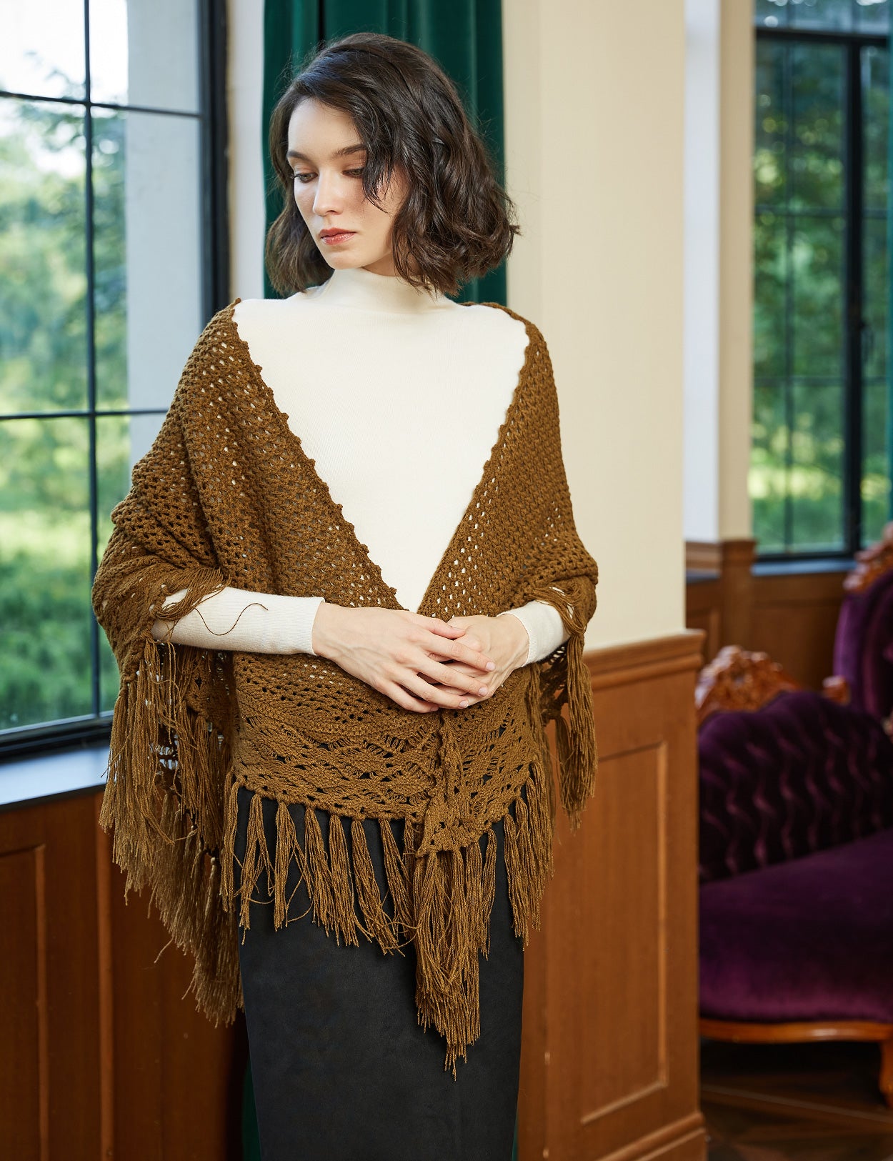 Cozy Wool Blend Shawl with Fringe, Winter Knitted Wrap