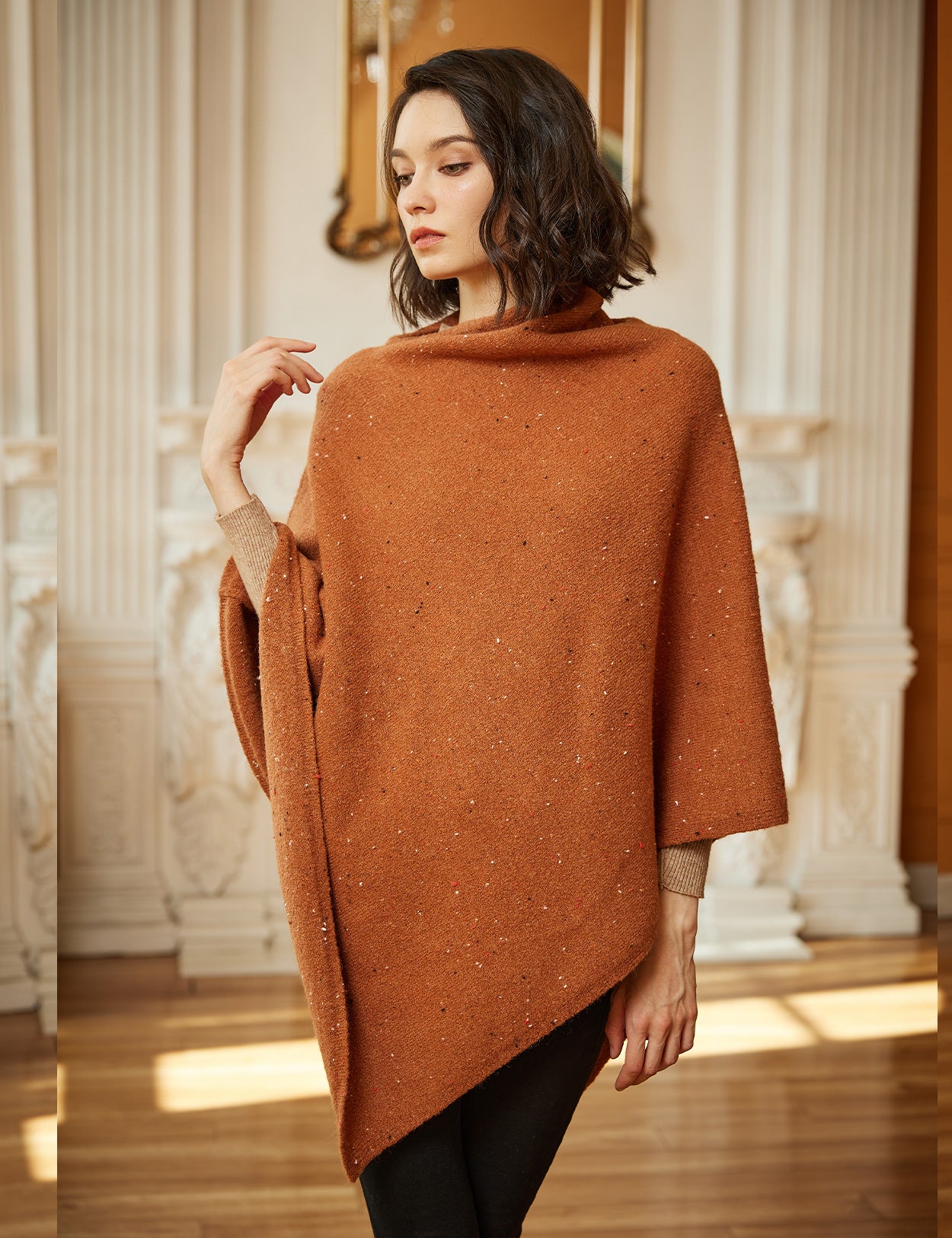 Cozy Knit Poncho with Pile Collar