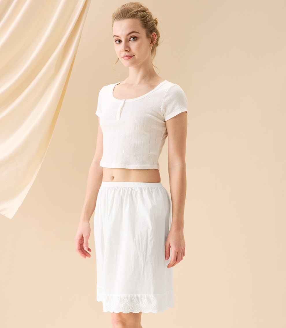 100% Cotton Half Slip: Anti-Static Underskirt with Embroidery Trim