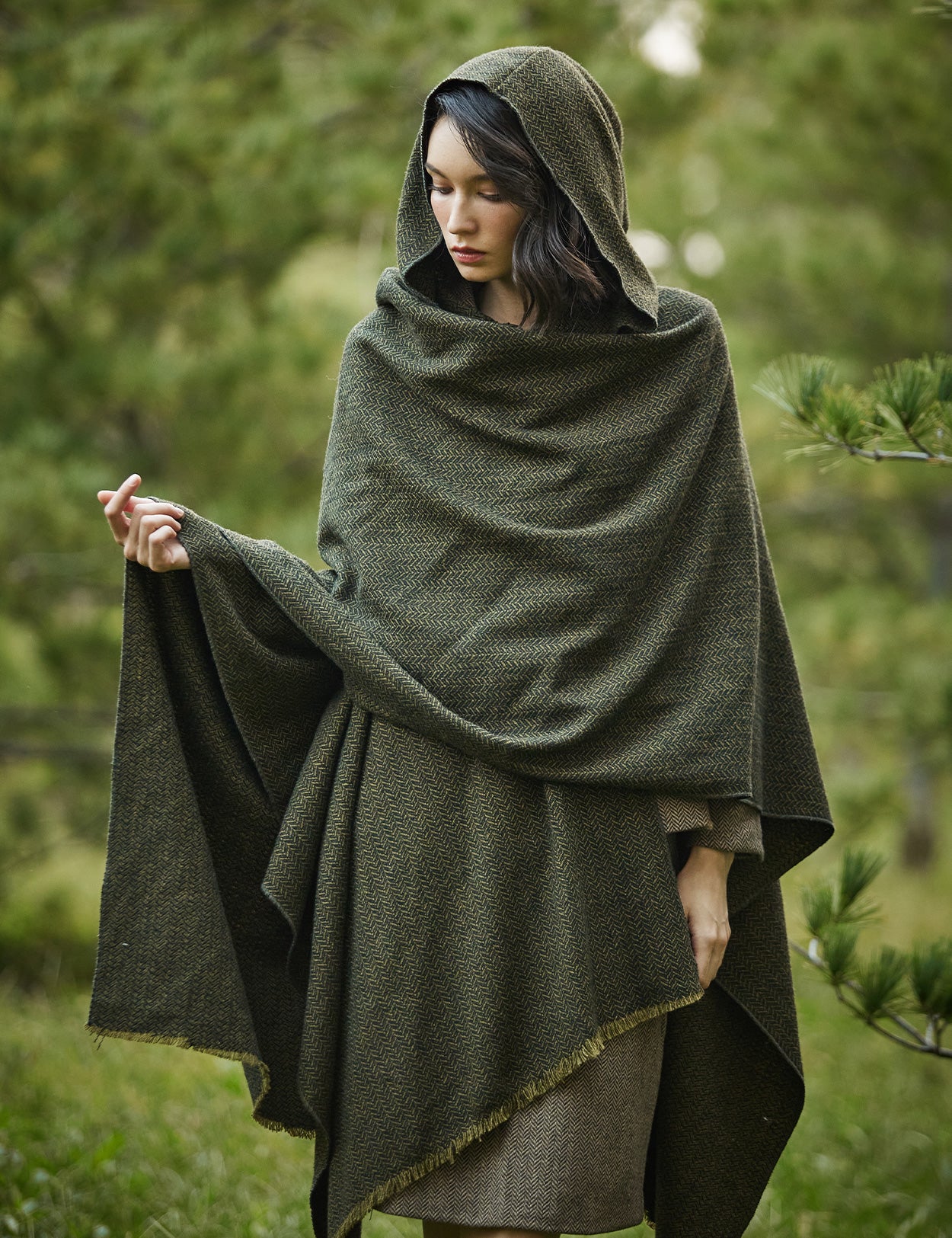 Women's Vintage Open Front Hooded Wool Poncho Cloak