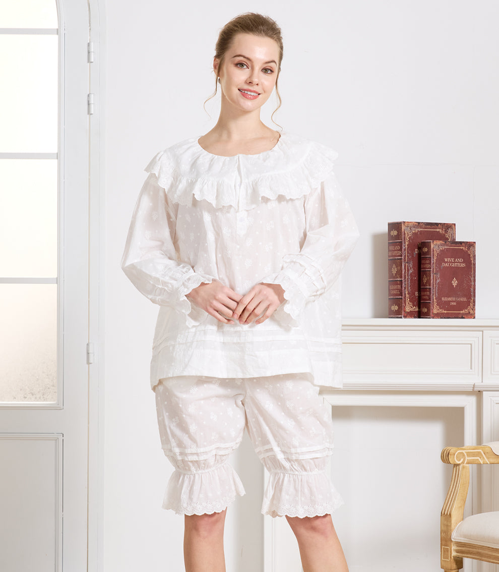 Bestickte Vintage Rüschen-Unterrock-Hose, 100 % Baumwolle mit Taschen