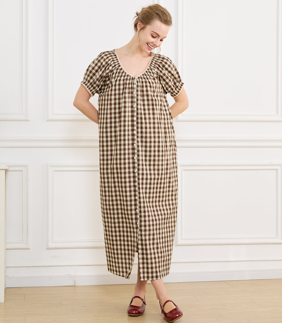 Women's Gingham Cotton Puff Sleeve Midi House Dress with Pockets