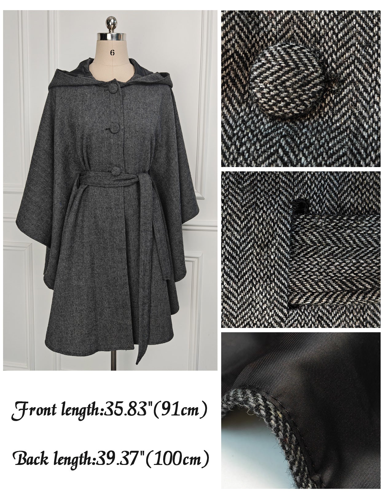 Cape à capuche en tweed pour femme avec ceinture et doublure en satin