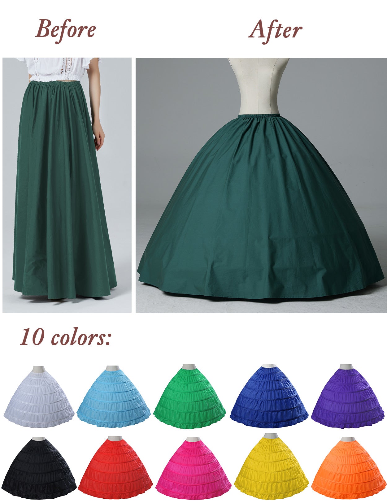6-hoop A-line crinoline petticoat showing full dome shape for wedding dresses