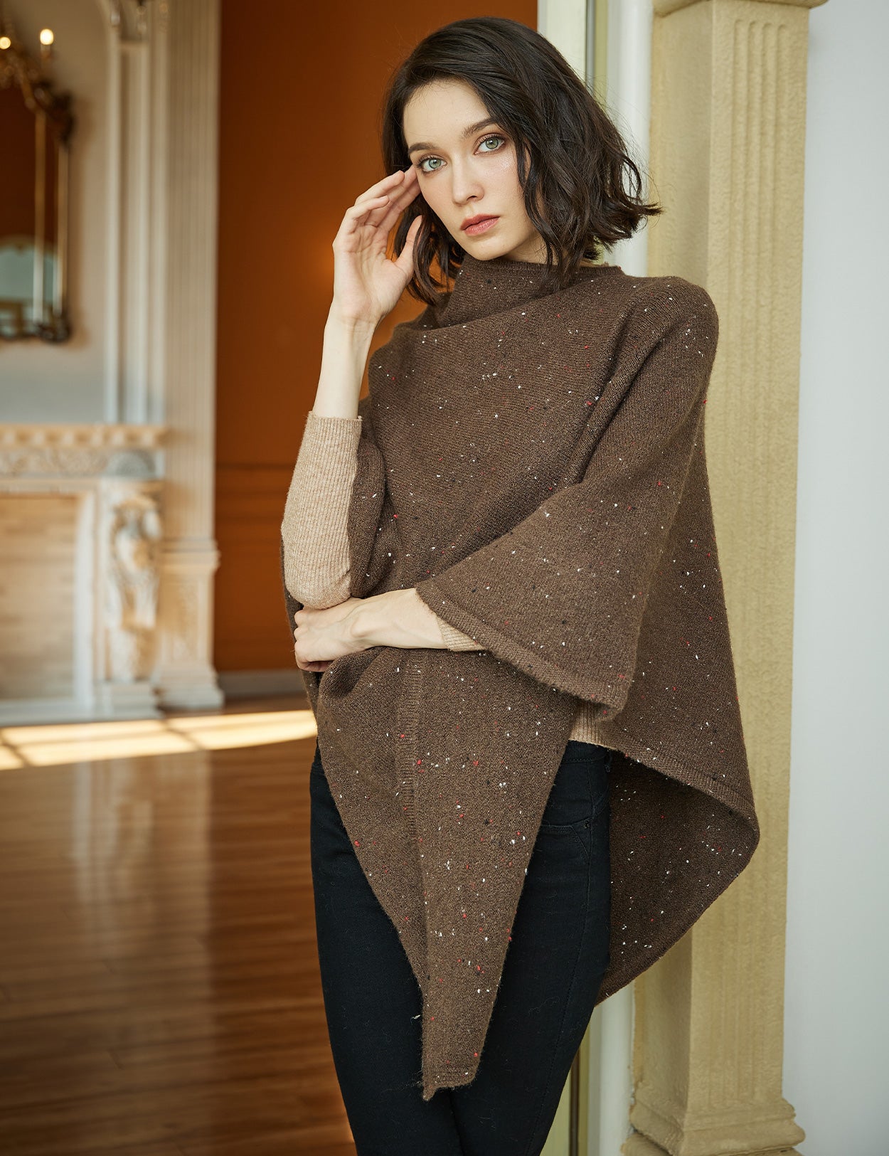 Cozy Knit Poncho with Pile Collar