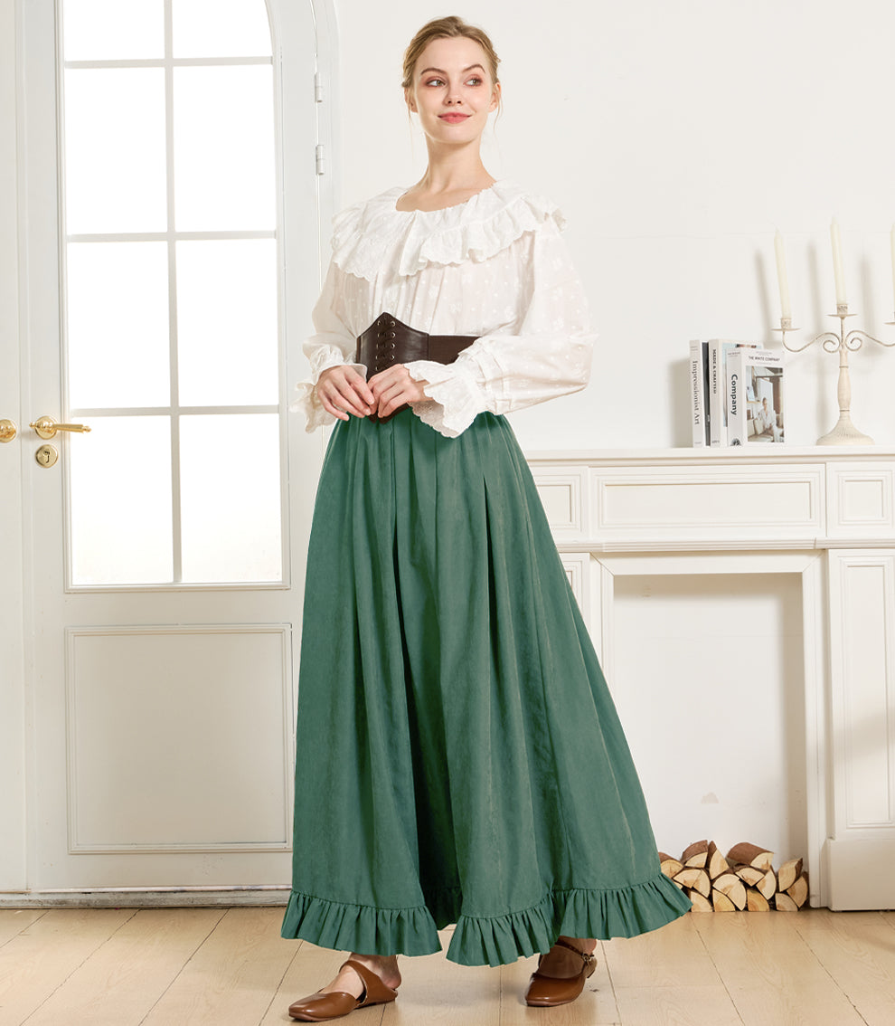 Gothic Victorian Long Skirt for Women, Peach with Ruffle Hem & Pockets