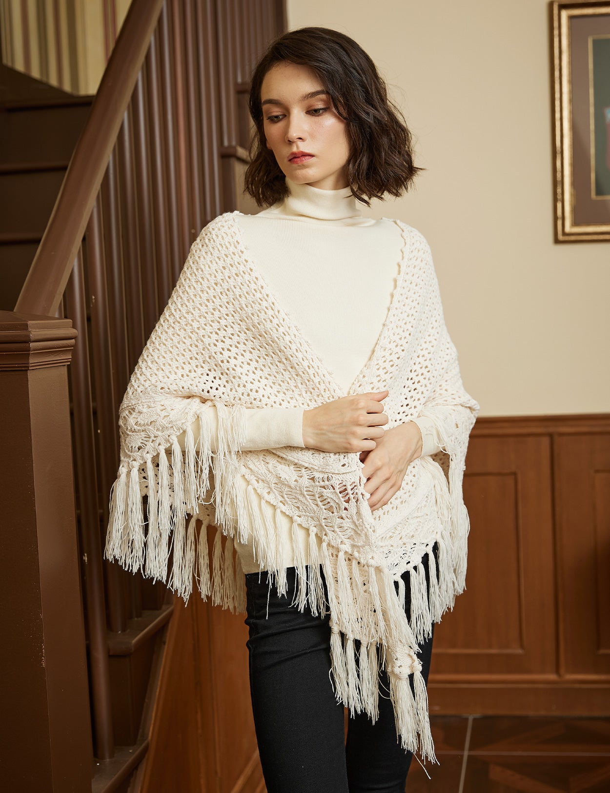 Cozy Wool Blend Shawl with Fringe, Winter Knitted Wrap