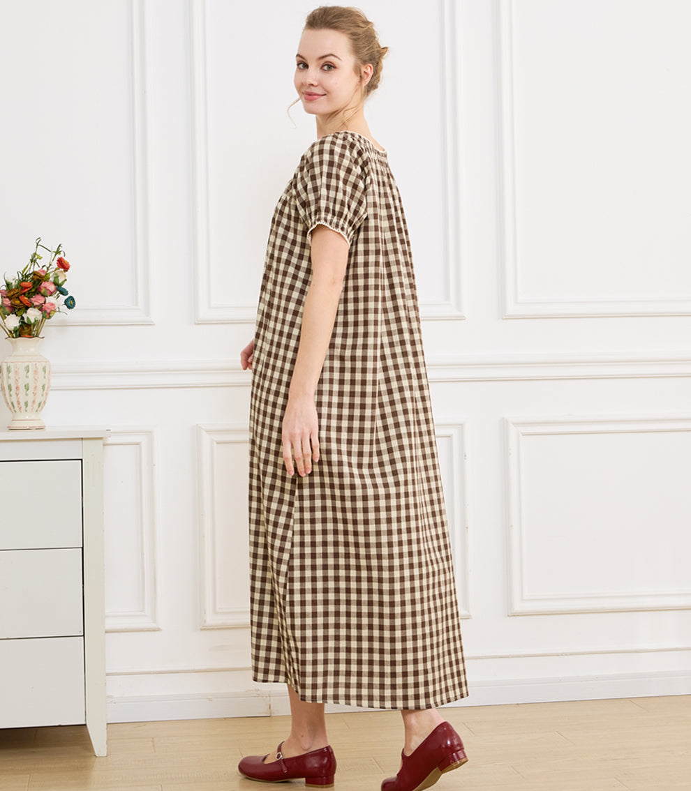 Women's Gingham Cotton Puff Sleeve Midi House Dress with Pockets