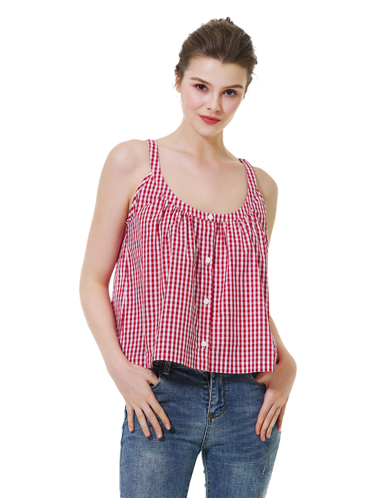 Red & White Plaid Camisole | 100% Cotton U-Neck Backless Tank Top