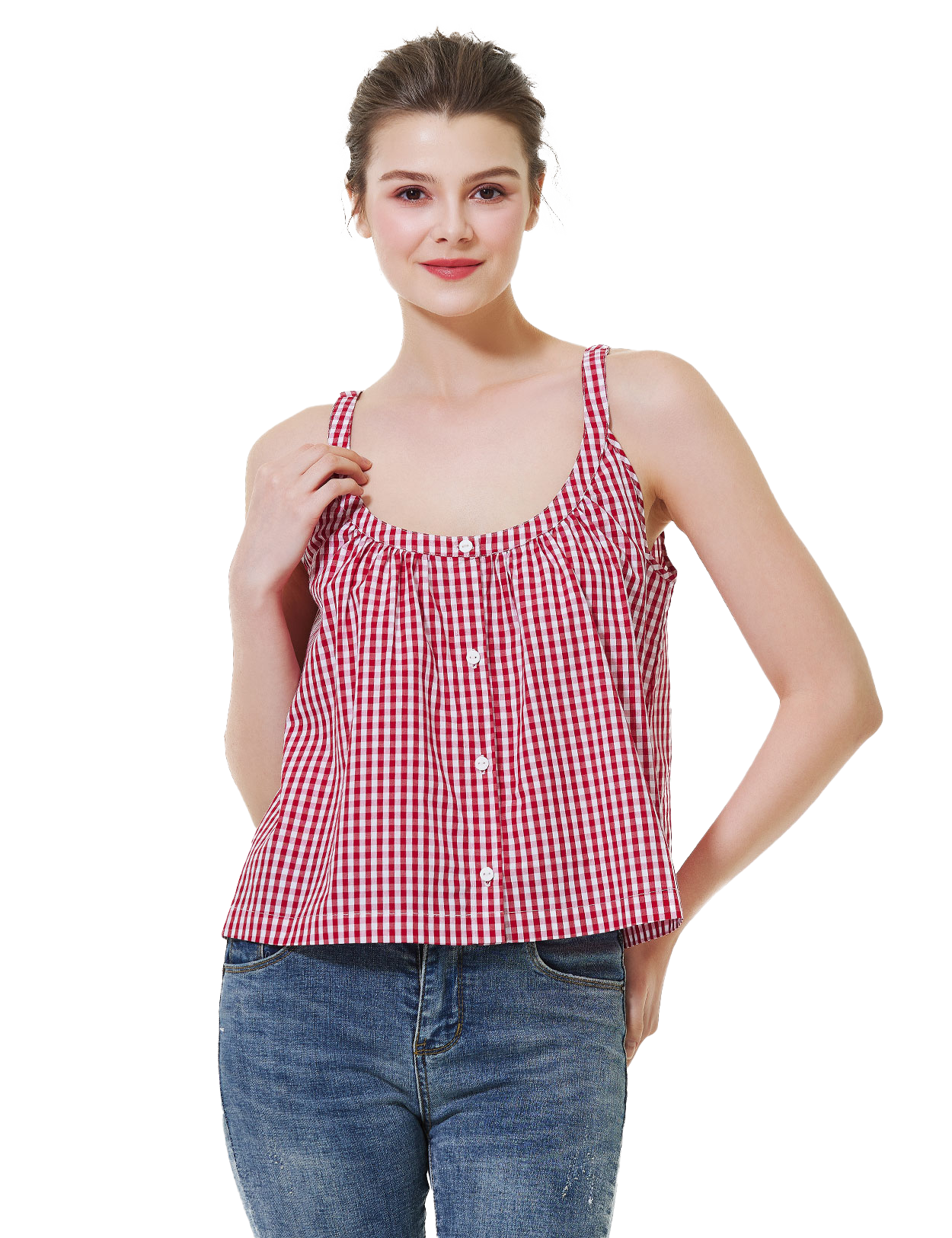 Red & White Plaid Camisole | 100% Cotton U-Neck Backless Tank Top