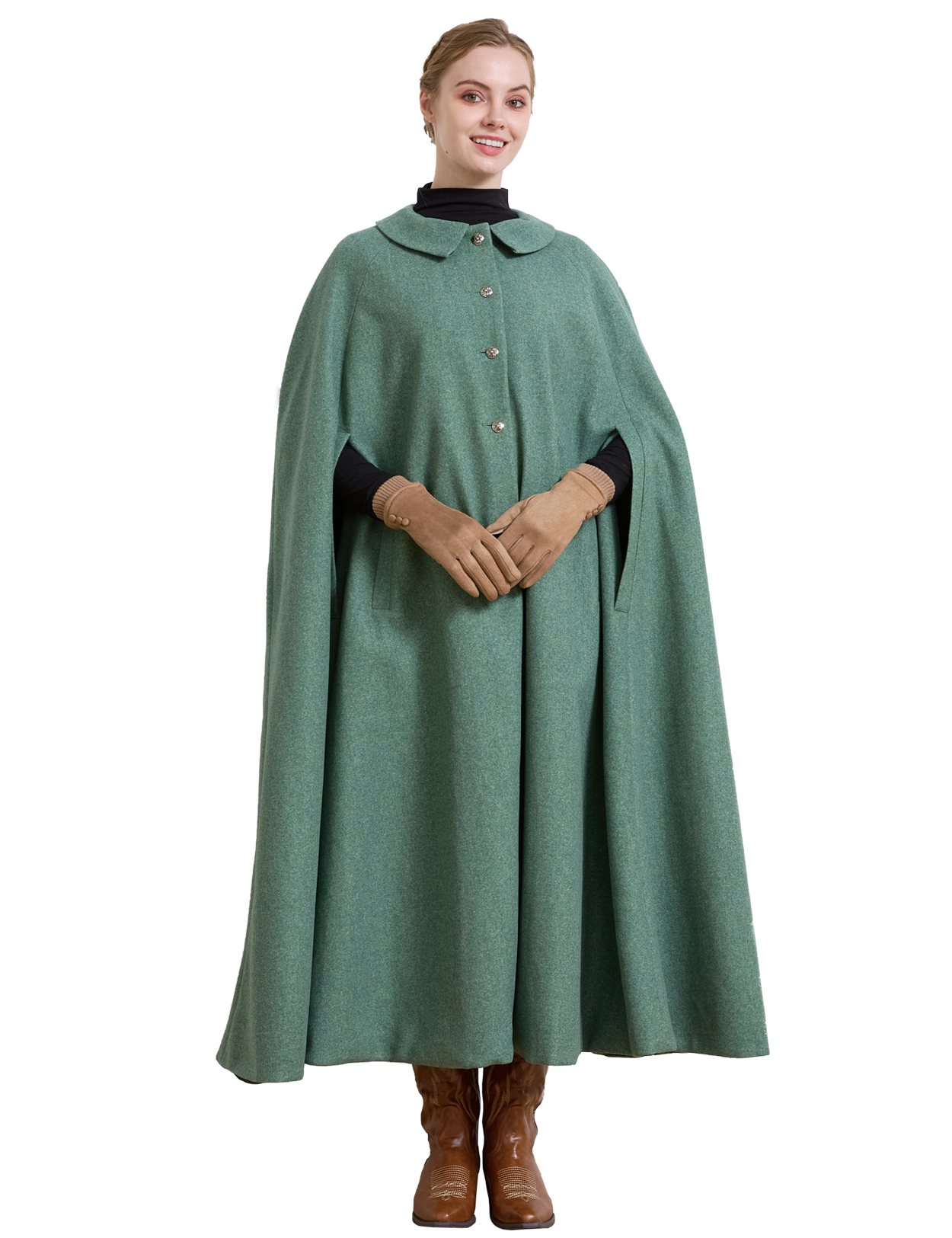 Umhang aus Wollmischung mit geschlitzten Ärmeln und Taschen | Warmer Winterumhang - Grün