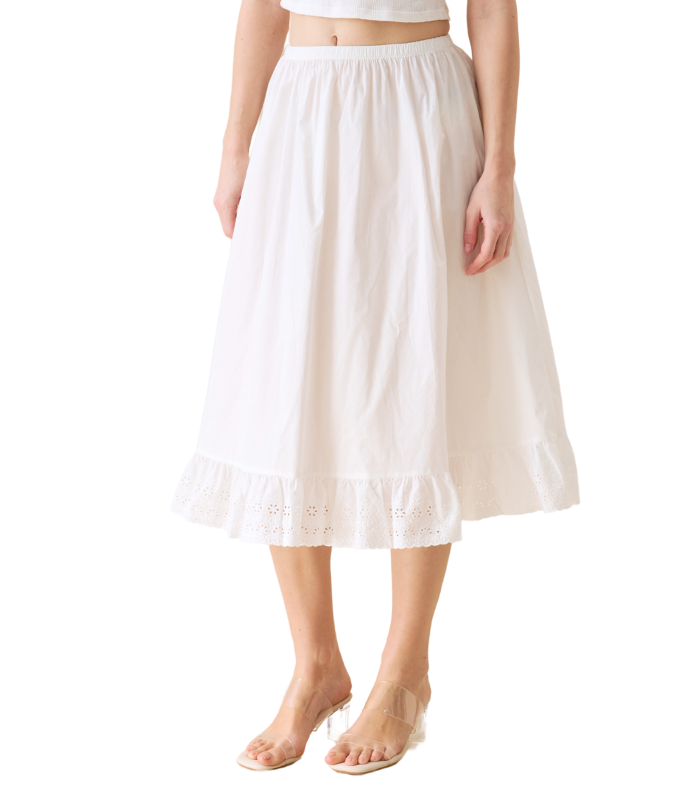 Front view of the Beautelicate white half slip. A breathable 100 percent cotton half slip with a lace hem.