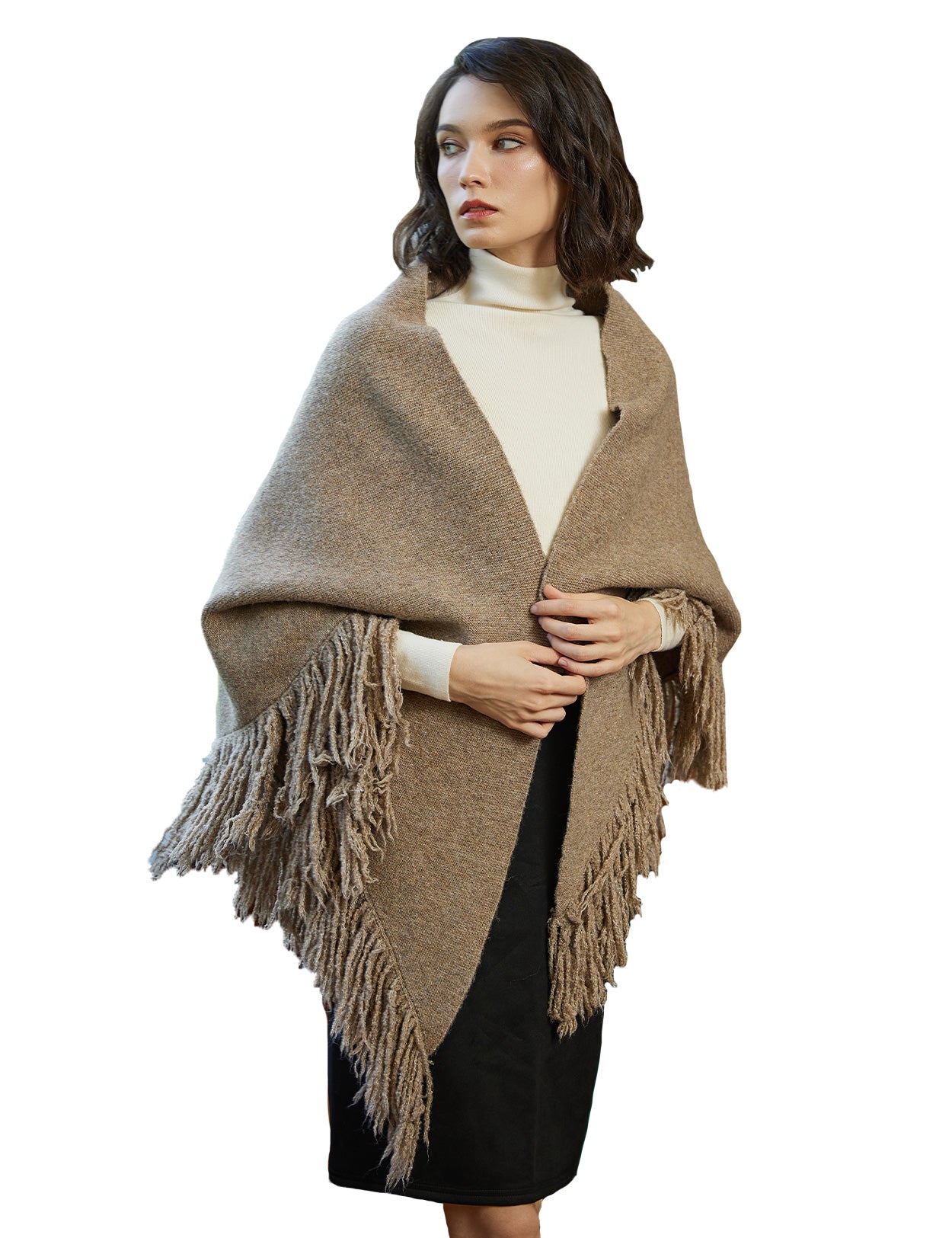 Wool blend knitted shawl with fringe detail - cozy blanket wrap for women