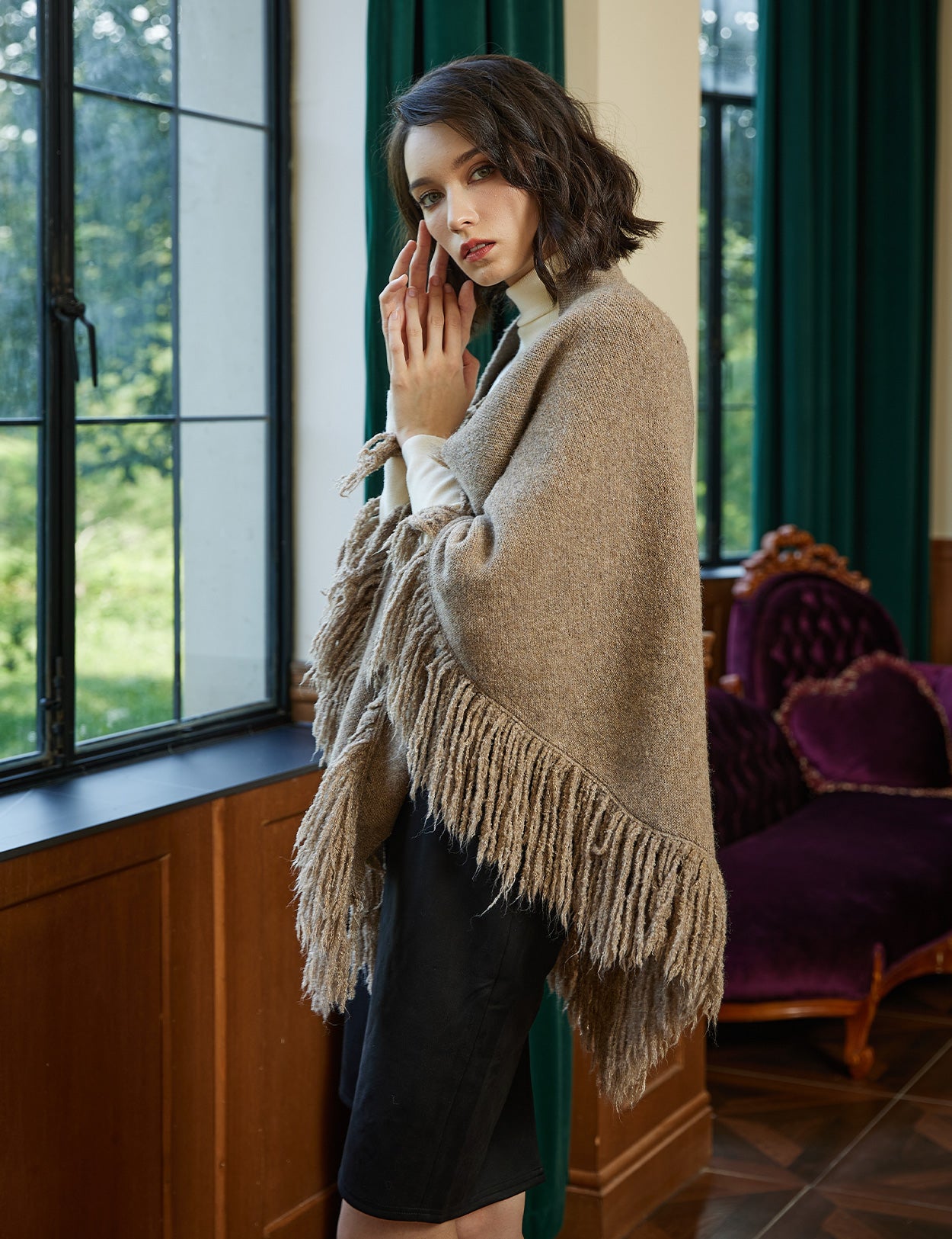Wool blend knitted shawl with fringe detail - cozy blanket wrap for women