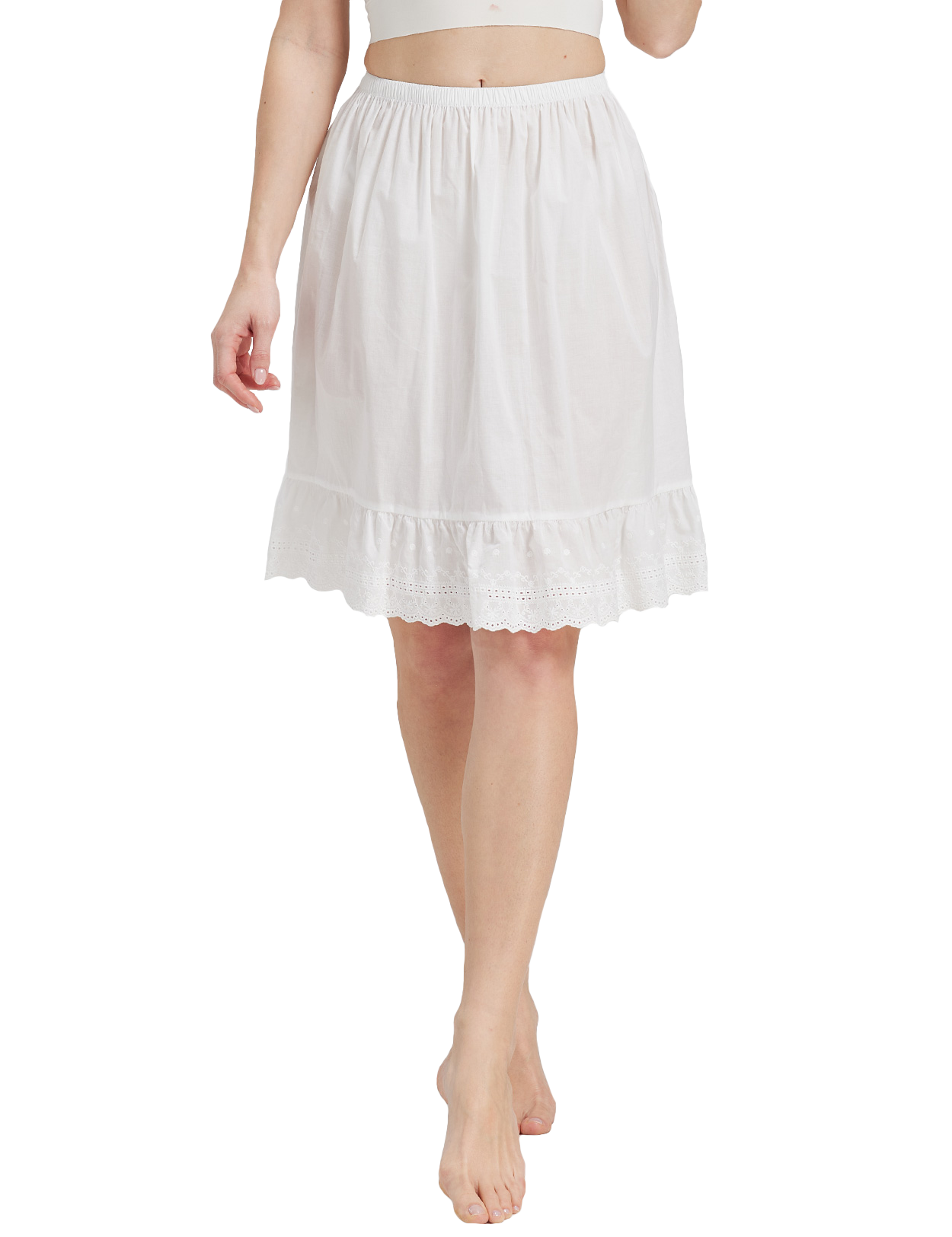 ivory vintage cotton half slip with elegant 5-inch lace trim, front view showing knee-length design