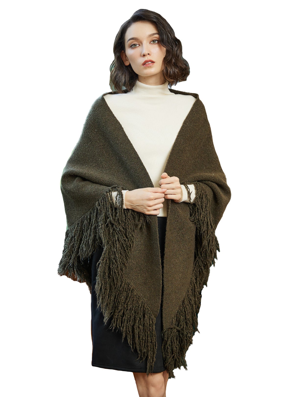 Wool blend knitted shawl with fringe detail - cozy blanket wrap for women