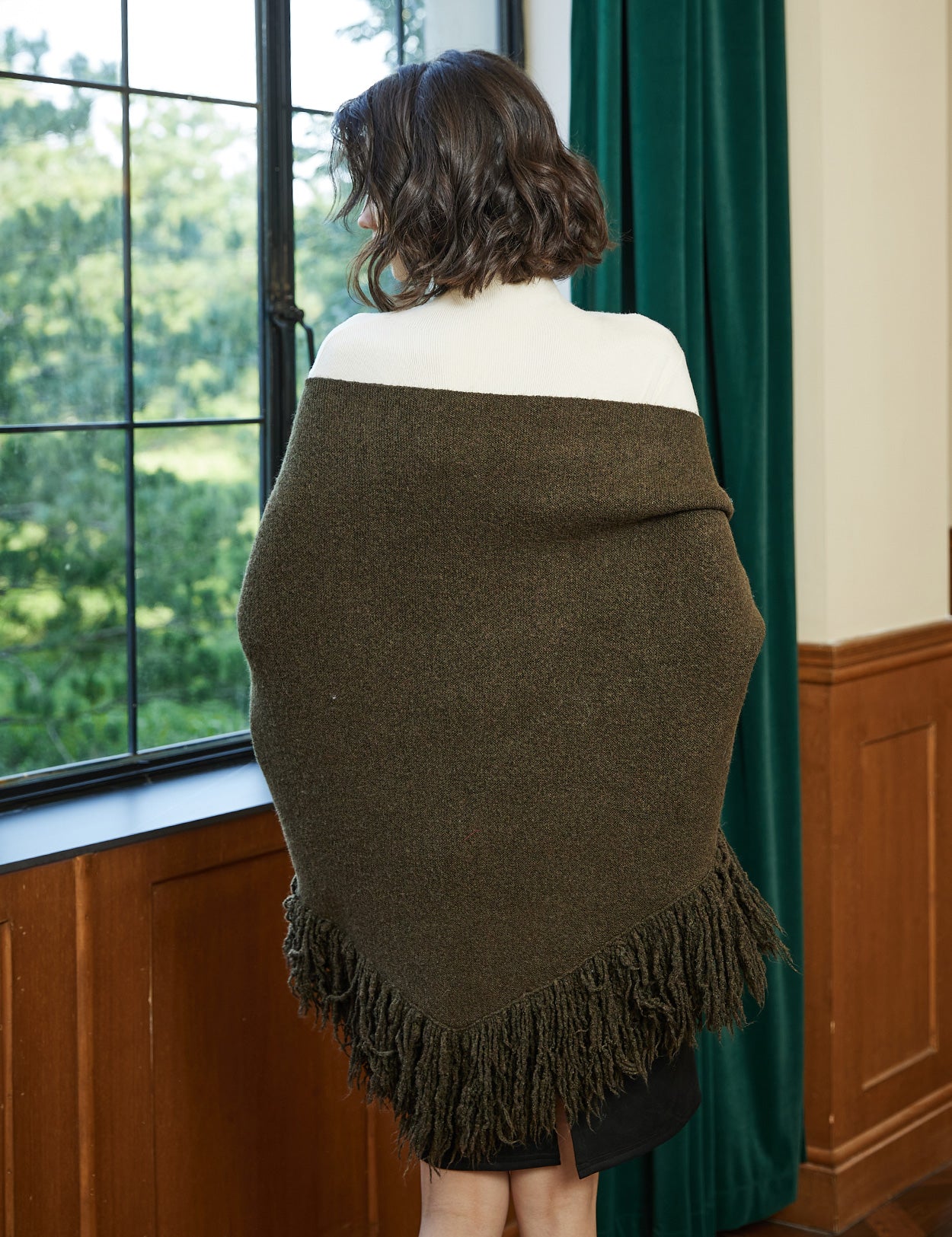 Wool blend knitted shawl with fringe detail - cozy blanket wrap for women