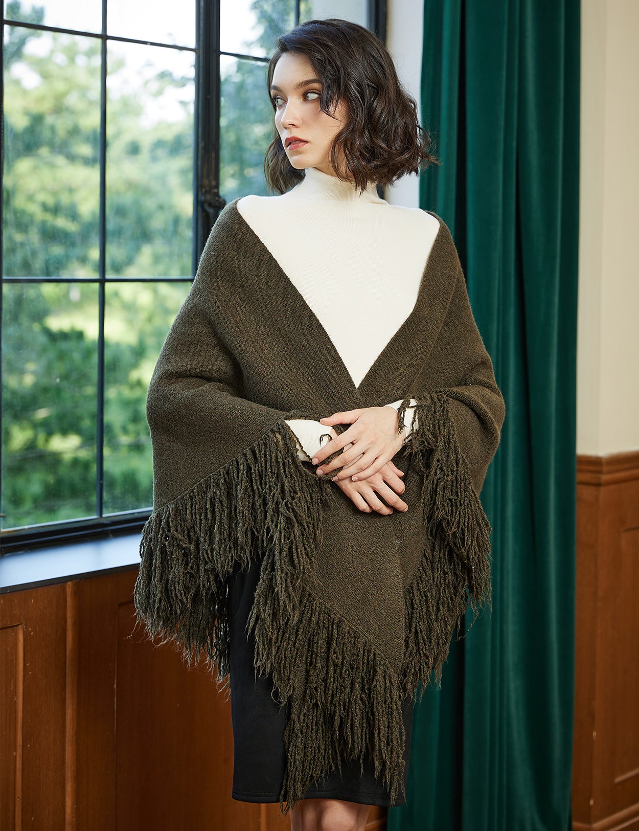 Wool blend knitted shawl with fringe detail - cozy blanket wrap for women
